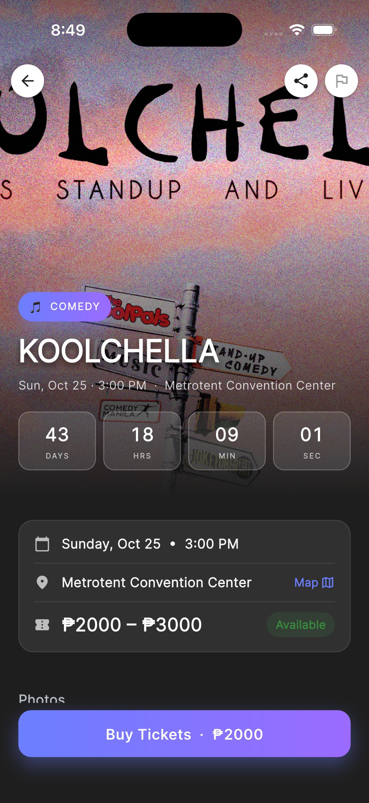 An event page for KOOLCHELLA with a countdown, venue, ticket price range and a Buy Tickets button