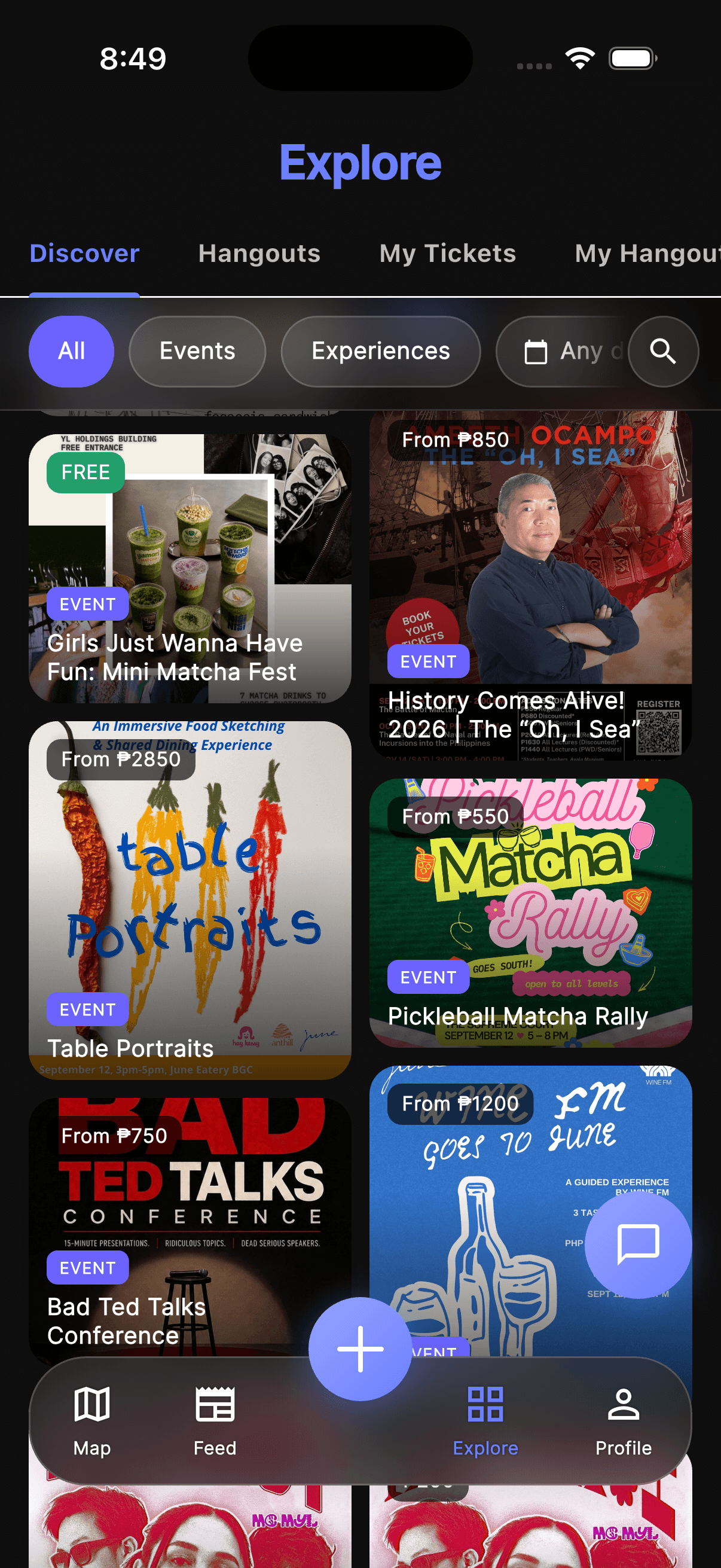 The Explore tab showing a grid of events and experiences with price and free labels, filtered by type and date