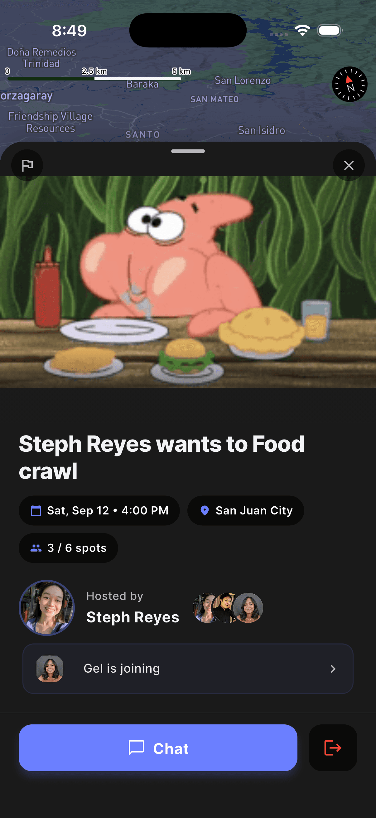A hangout called Food crawl in San Juan City with three of six spots taken, its host, who is joining, and a chat button